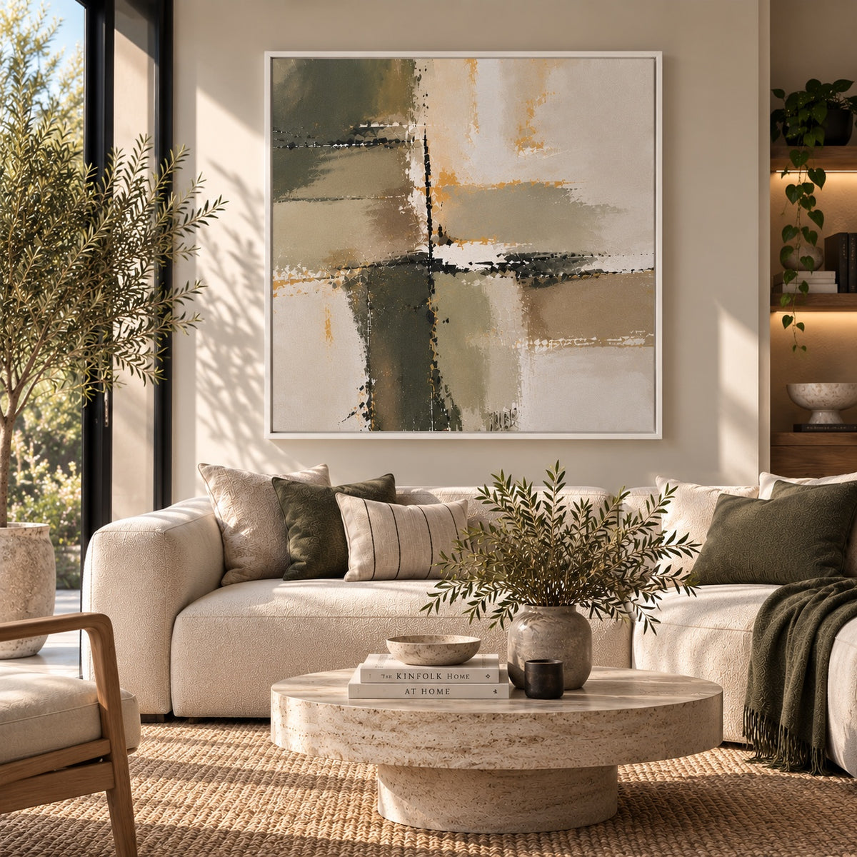Olive Structure abstract canvas in a white floating frame
