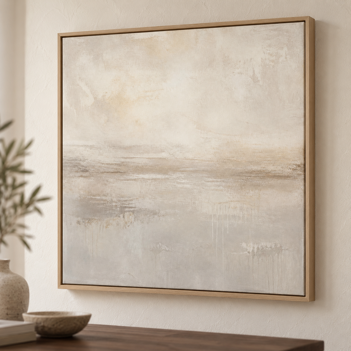 Pale Horizon canvas close-up in a light oak floating frame