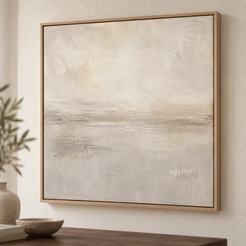Pale Horizon canvas close-up in a light oak floating frame