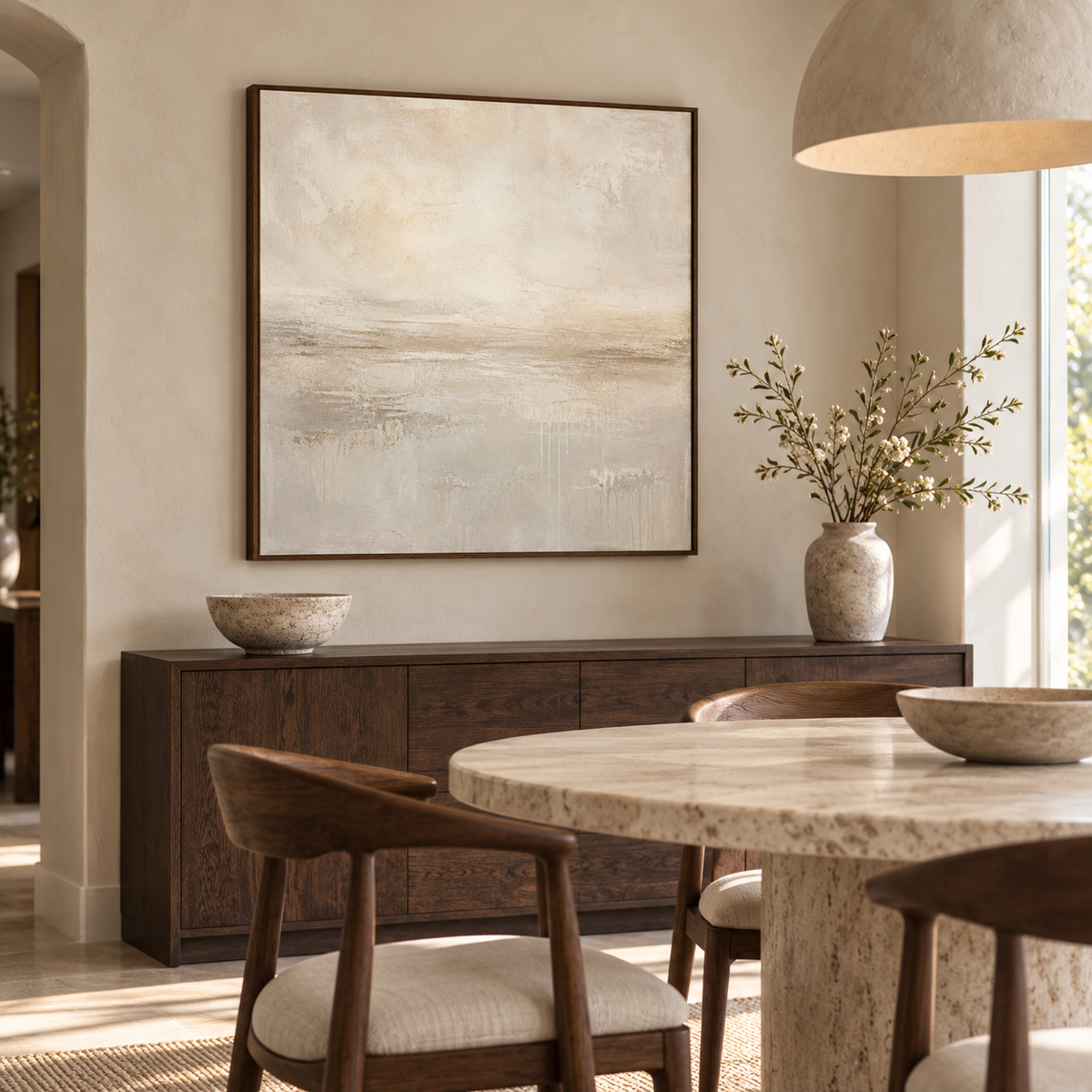 Pale Horizon framed canvas in a modern dining room