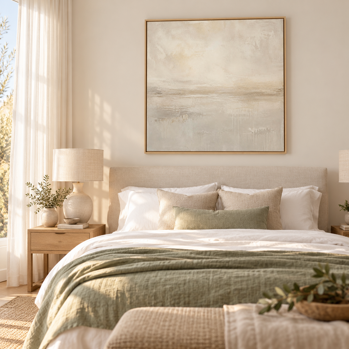 Pale Horizon neutral abstract canvas above a bed