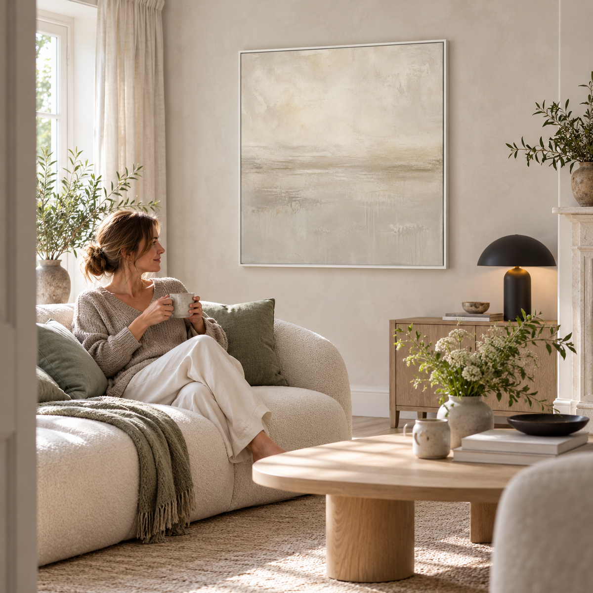 Pale Horizon framed canvas in a modern living room