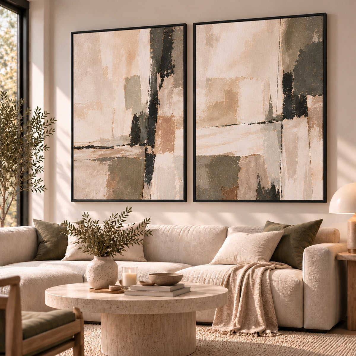 Quiet Balance I & II neutral abstract diptych in a black floating frame