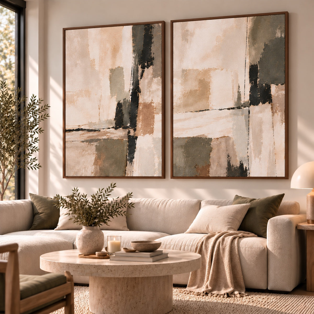 Quiet Balance I & II neutral abstract diptych in a dark oak floating frame