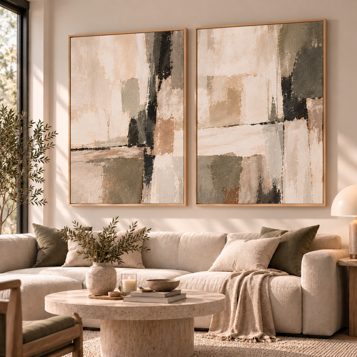 Quiet Balance I & II neutral abstract diptych in a light oak floating frame