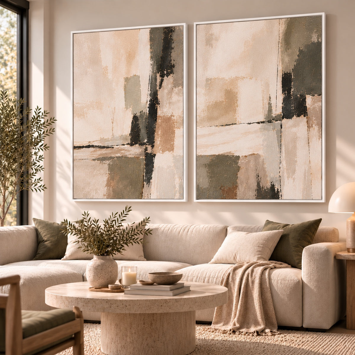 Quiet Balance I & II neutral abstract diptych in a white floating frame