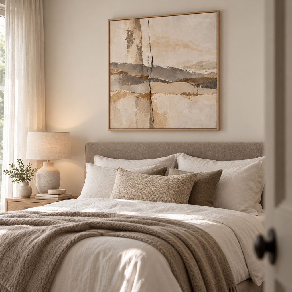 Quiet Divide neutral abstract framed canvas by CNVS Art Studio