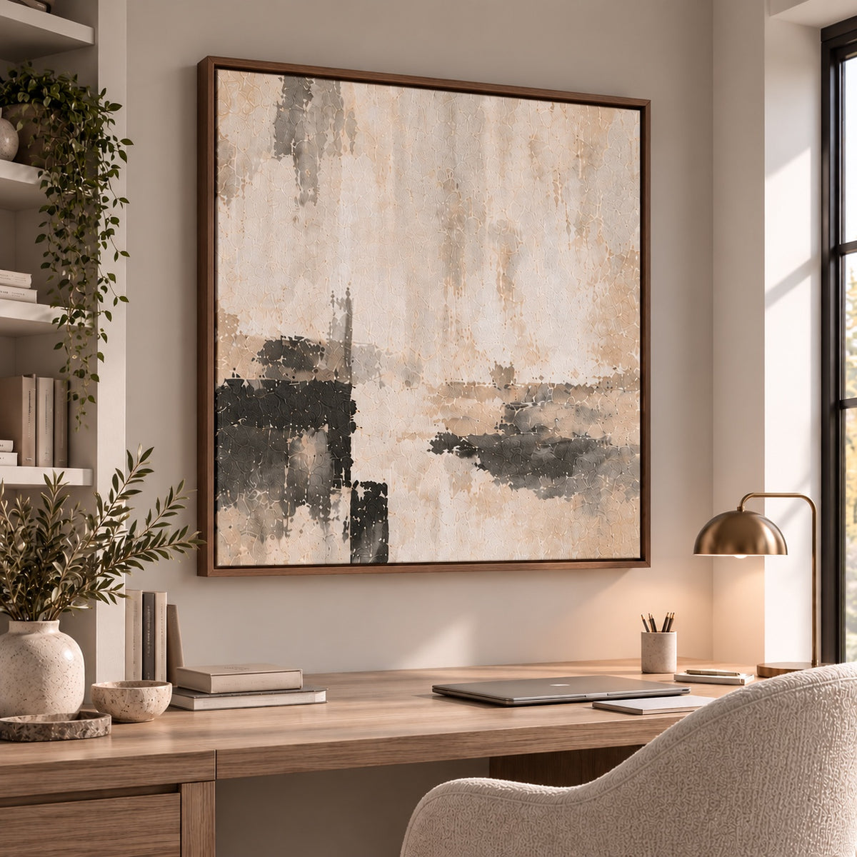 Quiet Form IV neutral abstract canvas in dark oak float frame – home office