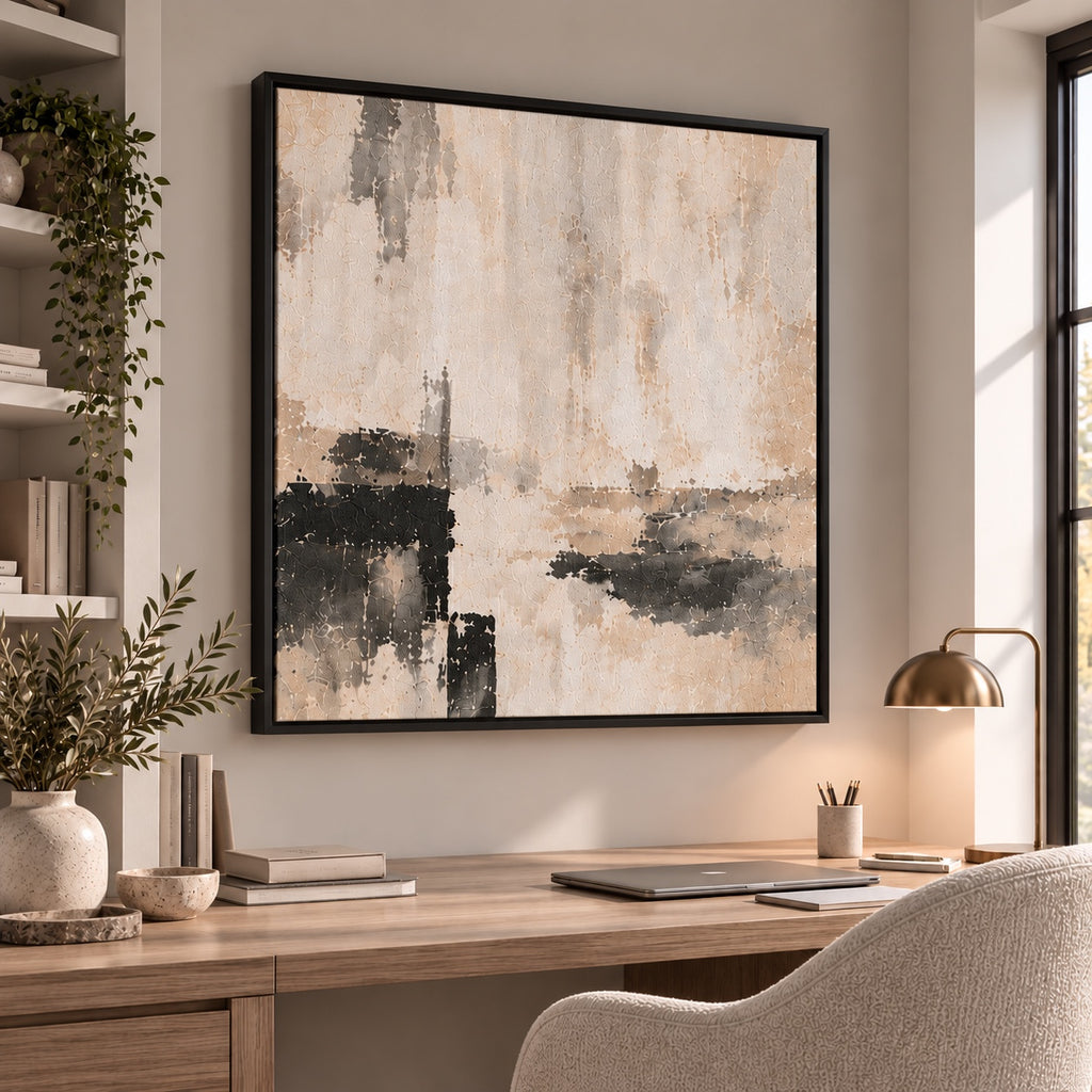 Quiet Form IV neutral abstract canvas in black float frame – home office