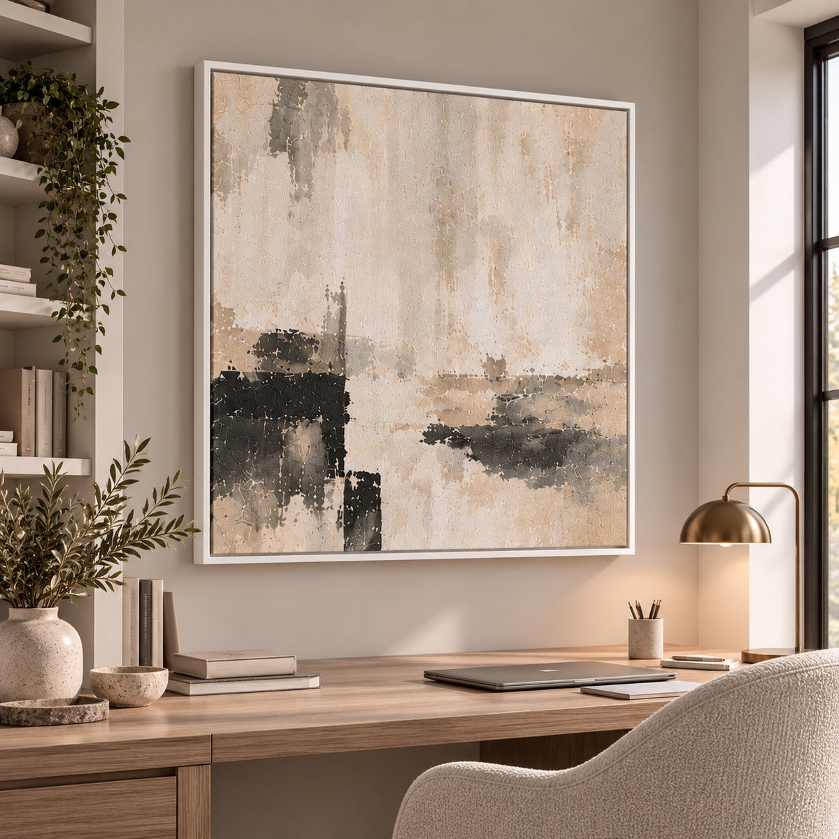 Quiet Form IV neutral abstract canvas in white float frame – home office