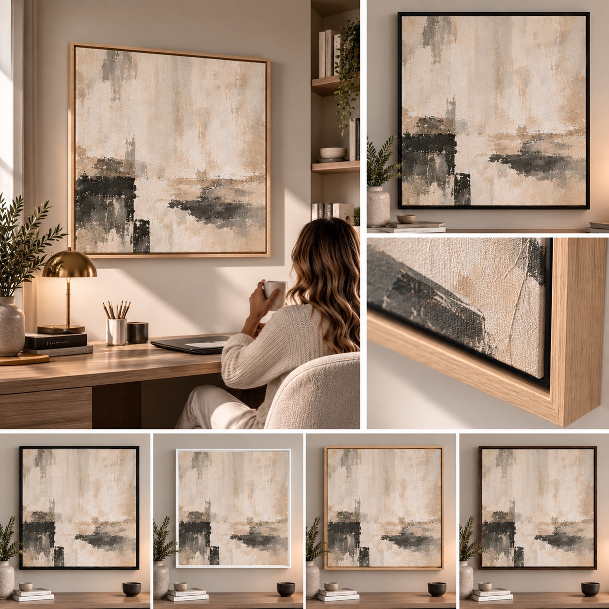 Quiet Form IV framed canvas wall art – frame finishes and detail