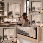 Quiet Form IV neutral abstract canvas – home office lifestyle and frame detail