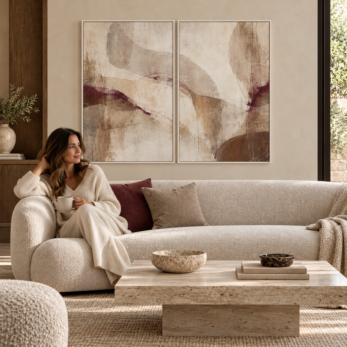 Quiet Merlot I & II framed canvas diptych in a warm neutral lounge