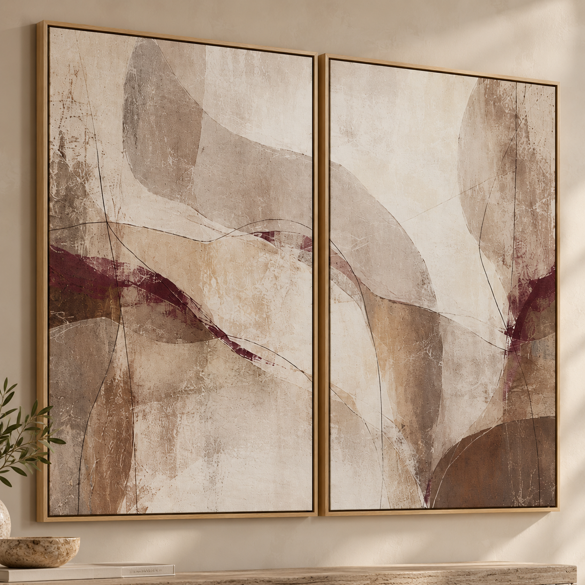 Quiet Merlot I & II framed canvas diptych in a light oak floating frame