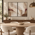 Quiet Merlot I & II abstract canvas diptych in a modern dining room