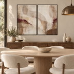 Quiet Merlot I & II abstract canvas diptych in a modern dining room