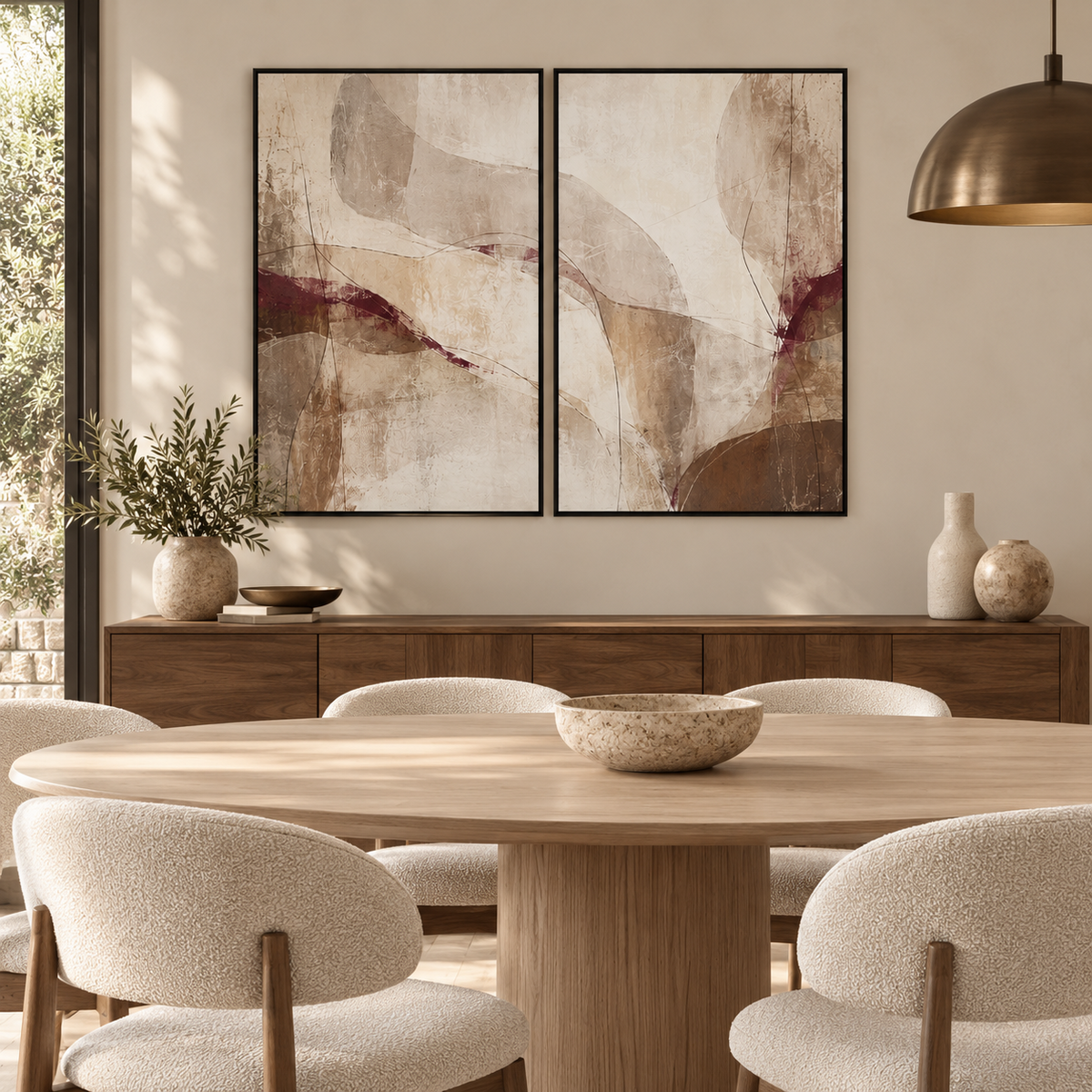 Quiet Merlot I & II abstract canvas diptych in a modern dining room