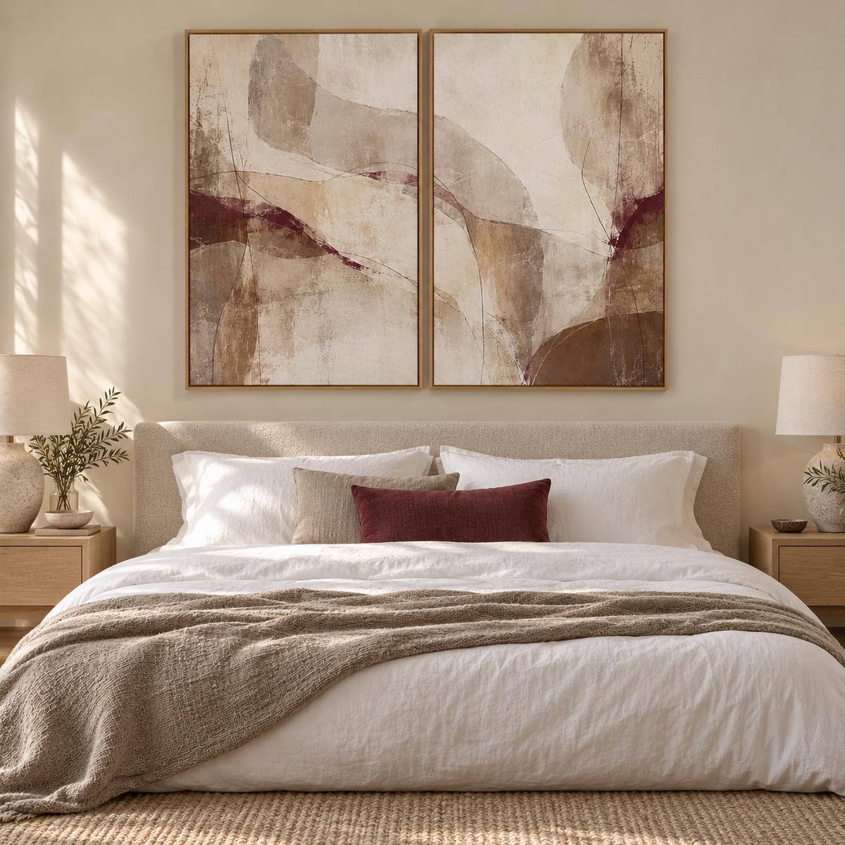Quiet Merlot I & II framed canvas diptych above a modern neutral bed