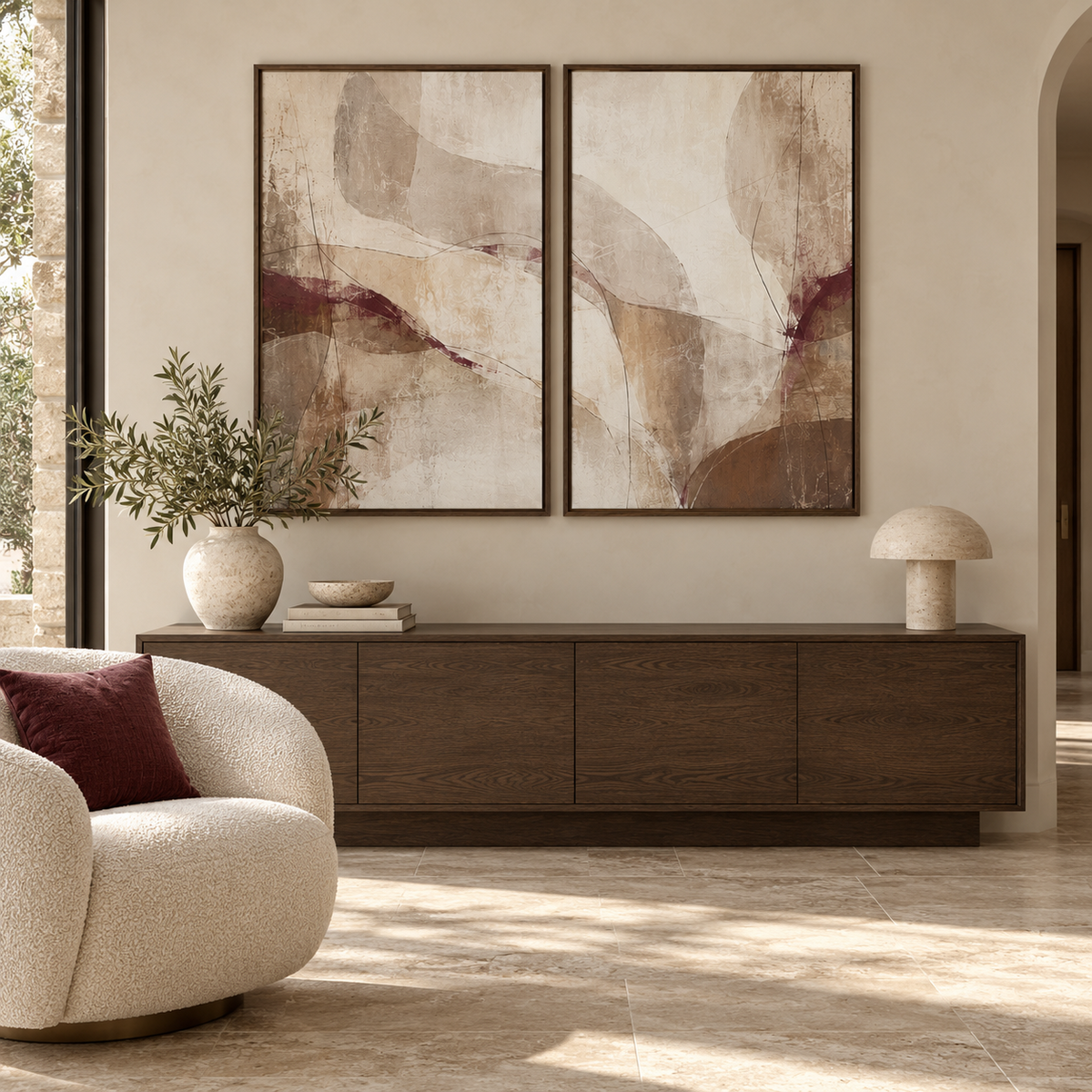 Quiet Merlot I & II framed canvas diptych in a modern neutral lounge