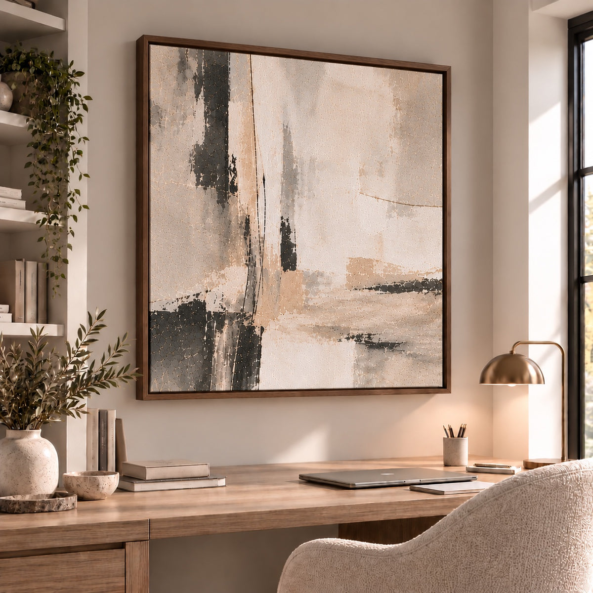 Quiet Structure II neutral abstract square canvas in dark oak float frame – home office