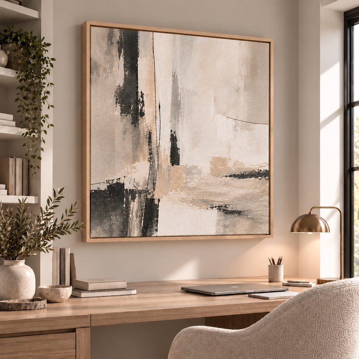 Quiet Structure II neutral abstract square canvas in light oak float frame – home office