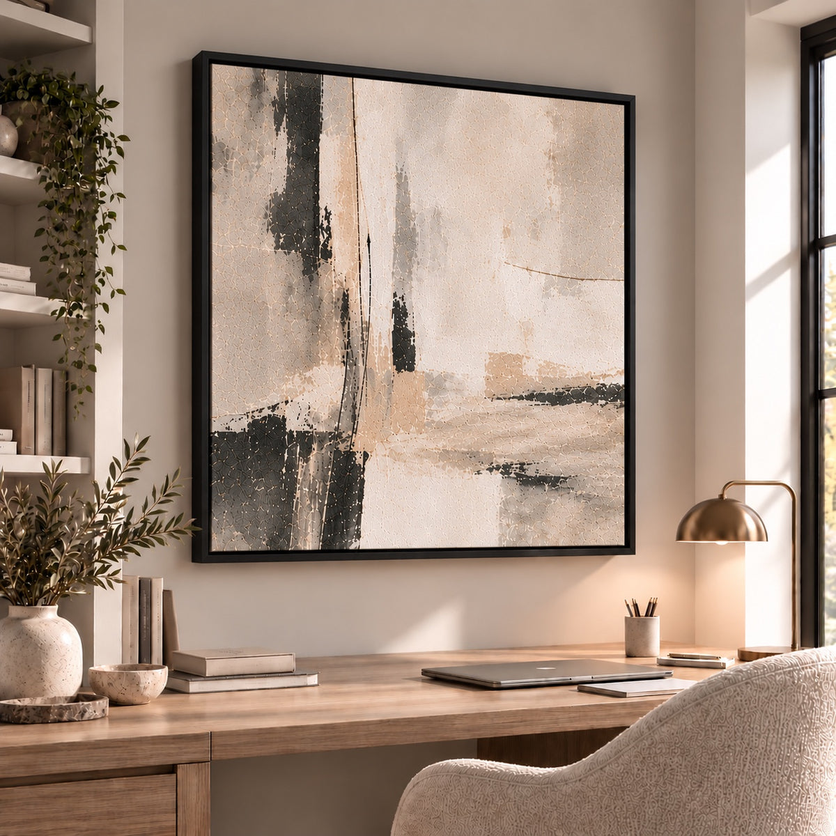 Quiet Structure II neutral abstract square canvas in black float frame – home office