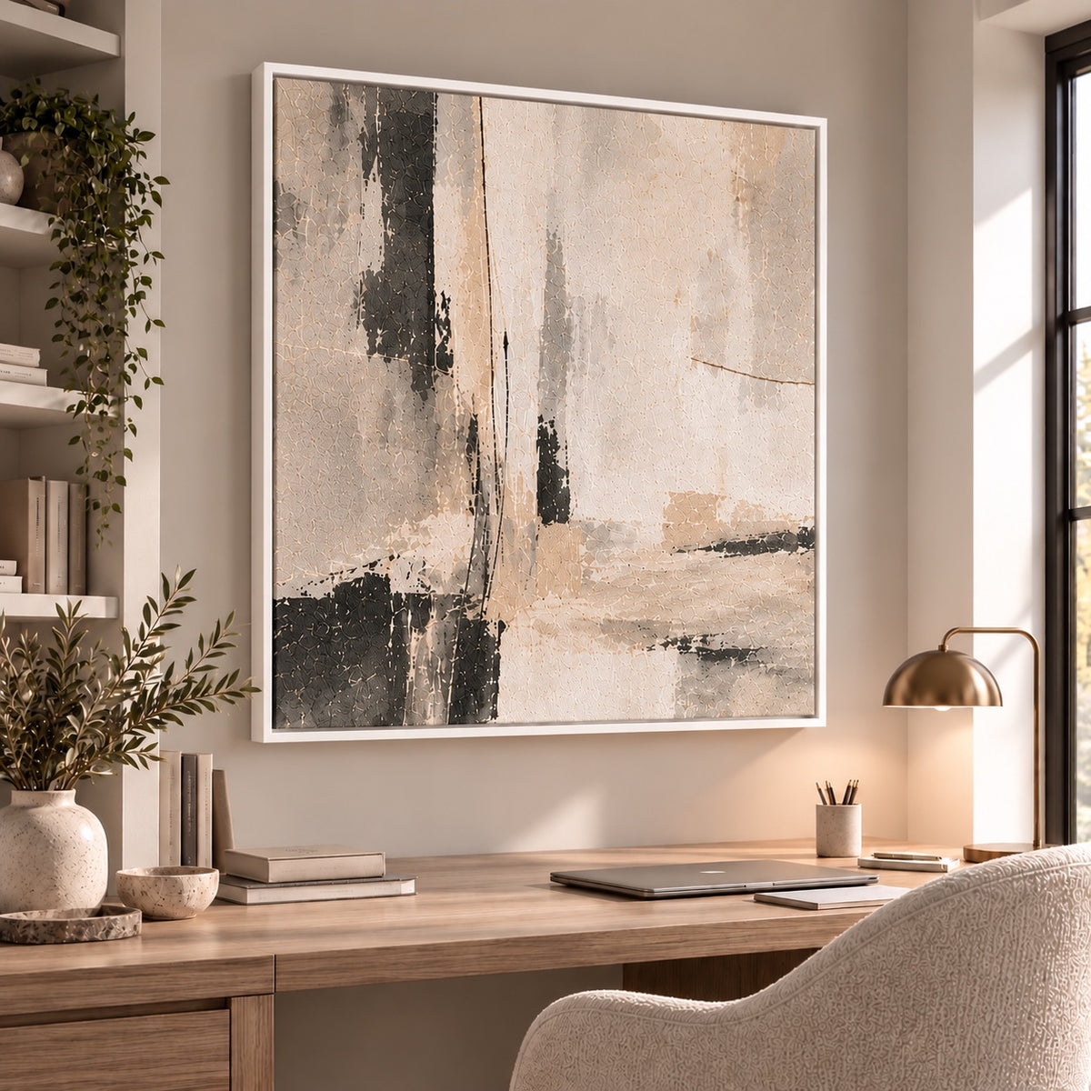 Quiet Structure II neutral abstract square canvas in white float frame – home office