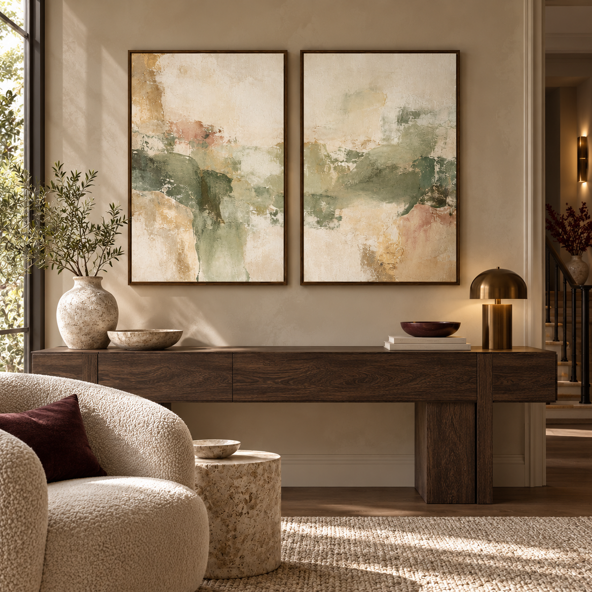 Sage Reverie I & II framed canvas diptych in dark oak frame