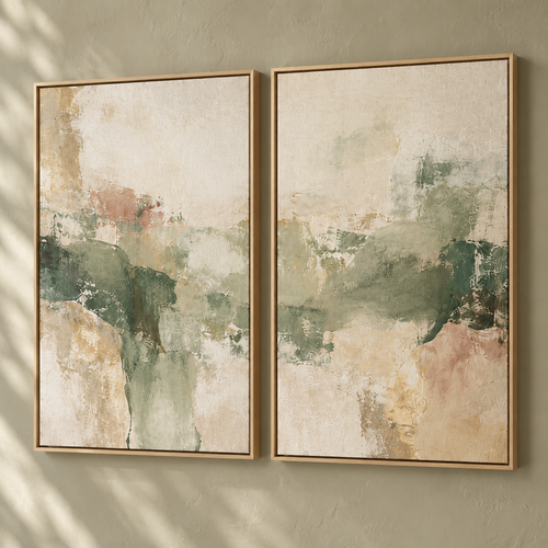 Sage Reverie I & II framed canvas diptych in light oak frame