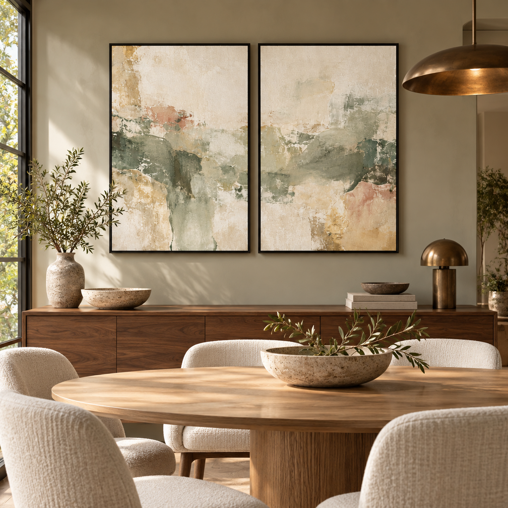 Sage Reverie I & II abstract canvas diptych in a modern dining room