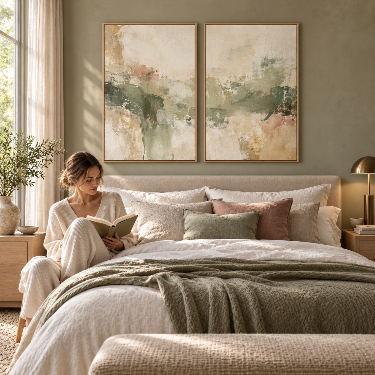 Sage Reverie I & II framed canvas diptych in a neutral bedroom