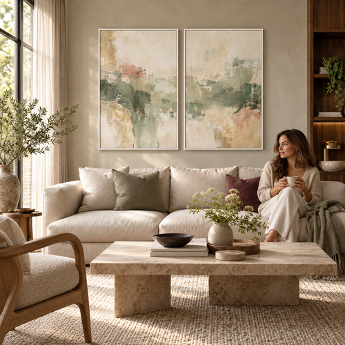 Sage Reverie I & II framed canvas diptych in a modern living room