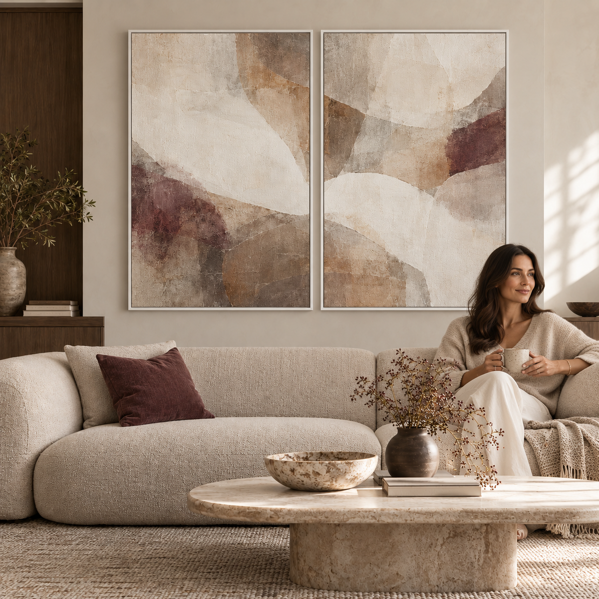 Soft Accord I & II framed canvas diptych in a modern neutral living room