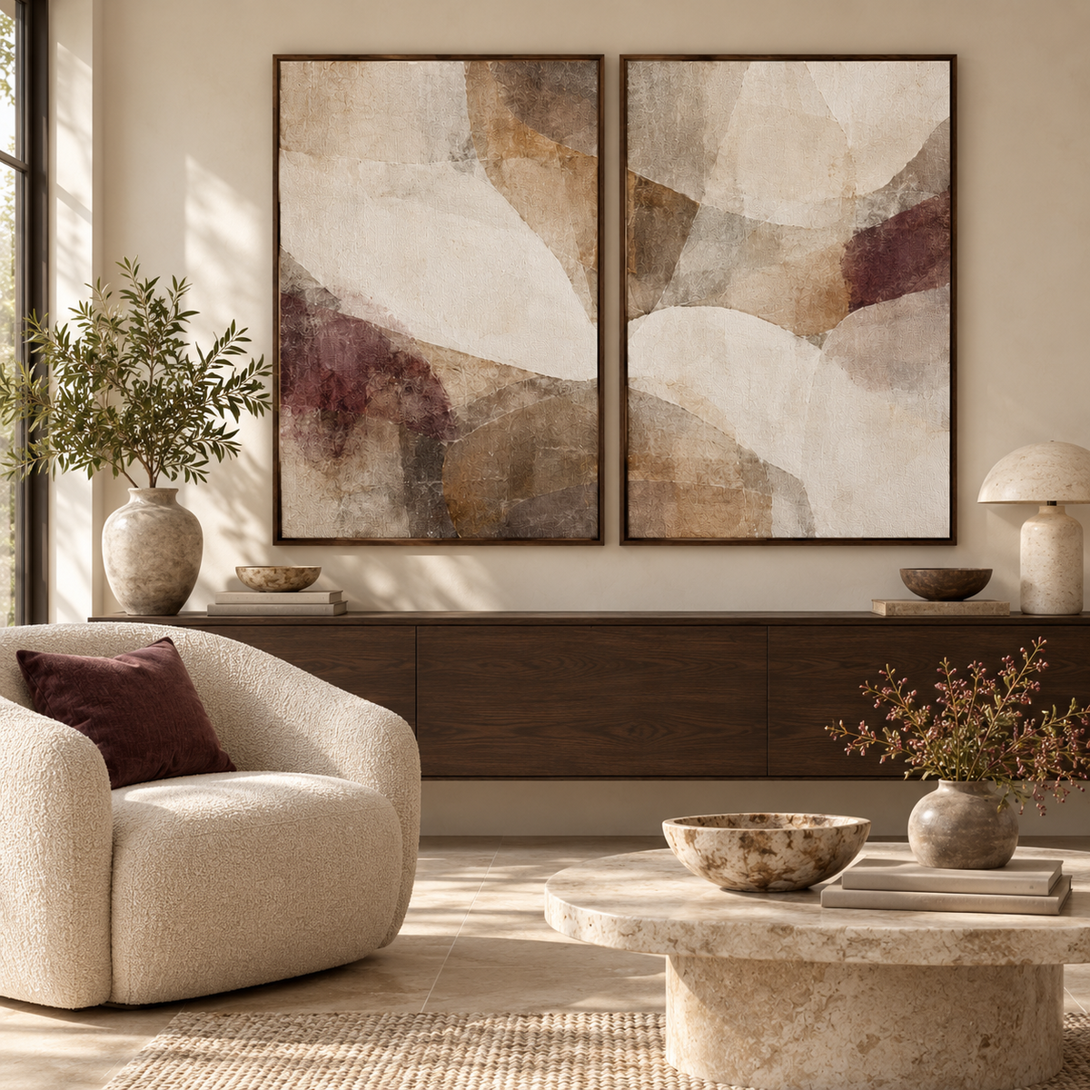 Soft Accord I & II framed canvas diptych in a warm British sitting room