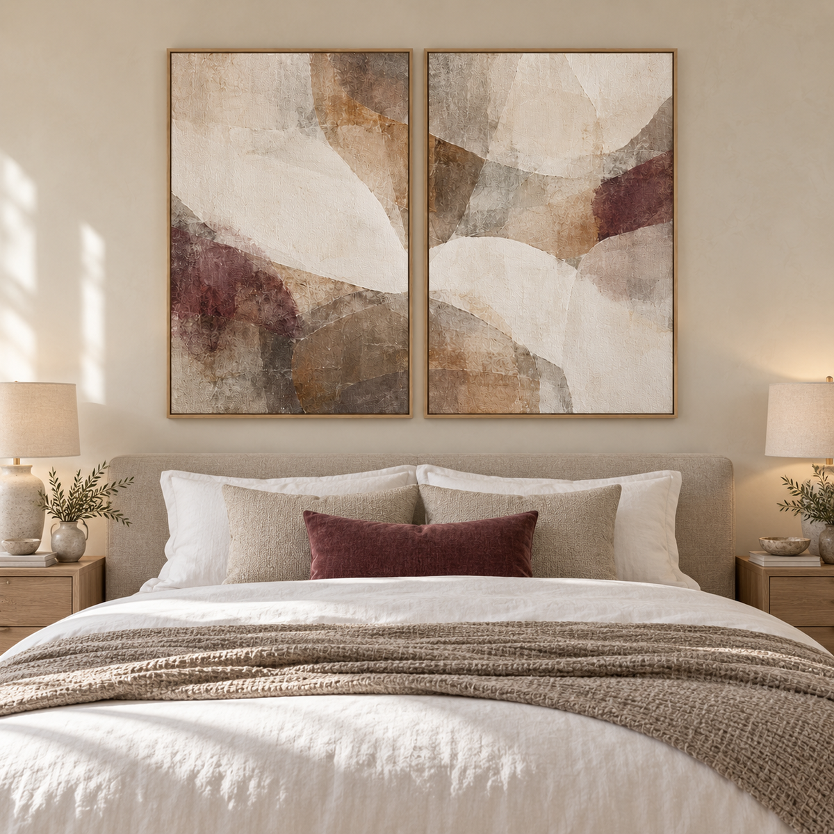 Soft Accord I & II framed canvas diptych above a neutral modern bed