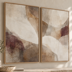 Soft Accord I & II neutral abstract canvas diptych in a light oak floating frame