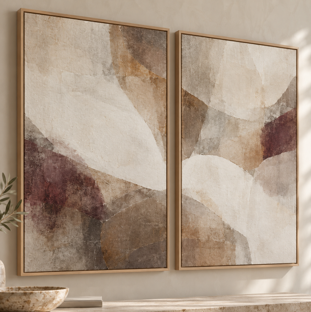 Soft Accord I & II neutral abstract canvas diptych in a light oak floating frame