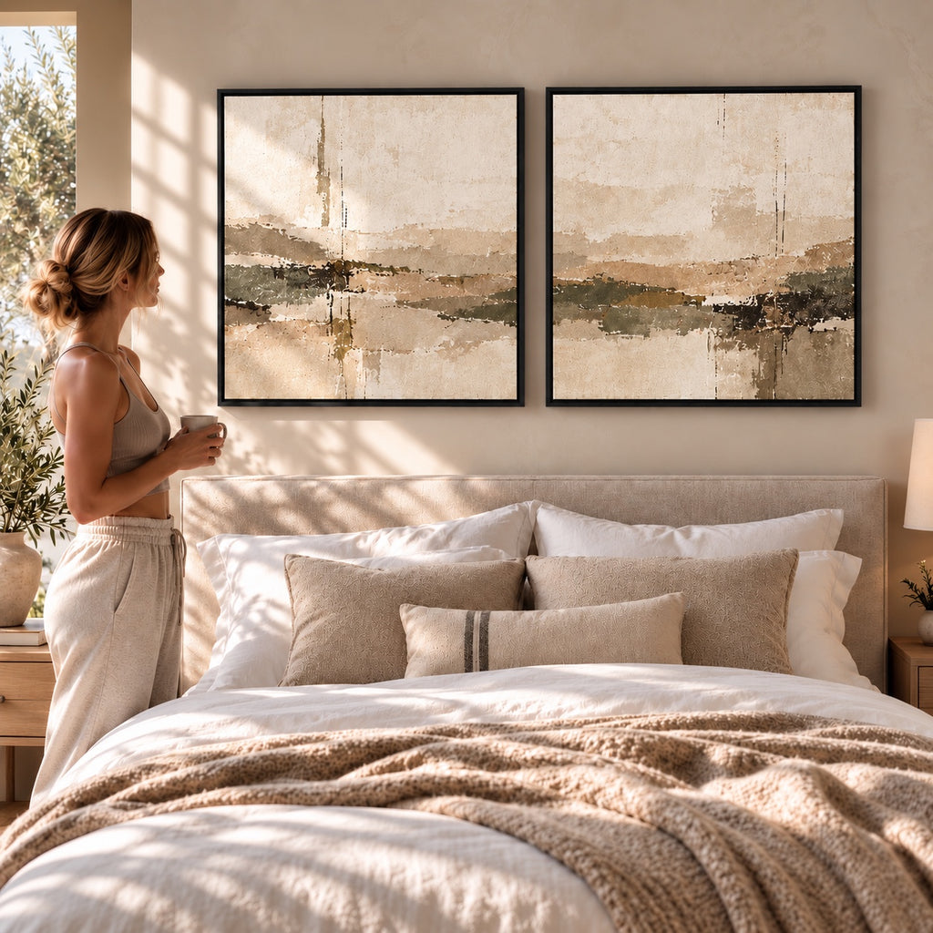 Soft Horizon I & II neutral abstract canvas pair in black floating tray frames