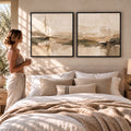 Soft Horizon I & II neutral abstract canvas pair in black floating tray frames