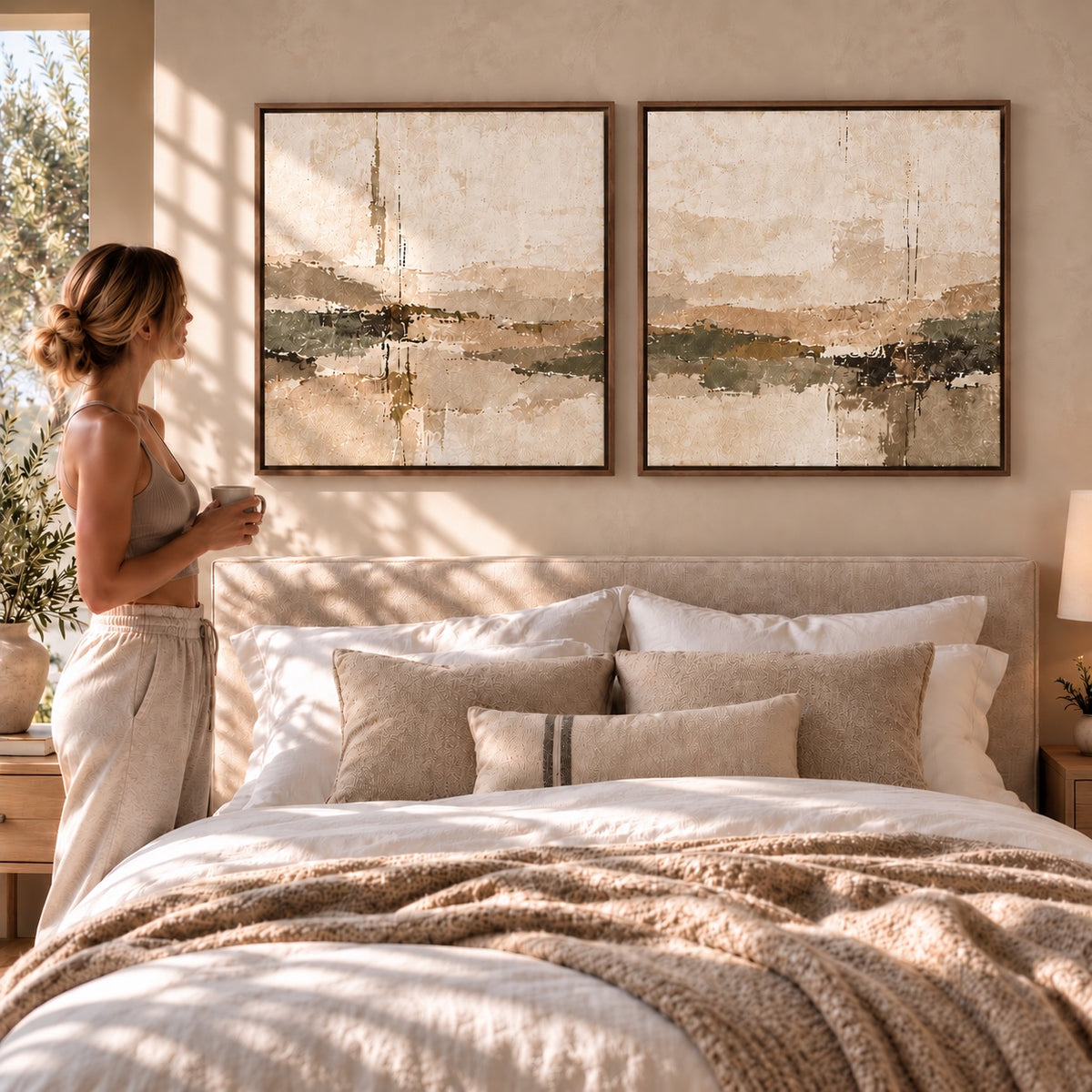 Soft Horizon I & II neutral abstract canvas pair in dark oak floating tray frames