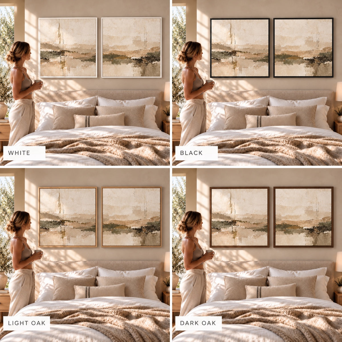 Soft Horizon I & II shown in white, black, light oak and dark oak tray frames