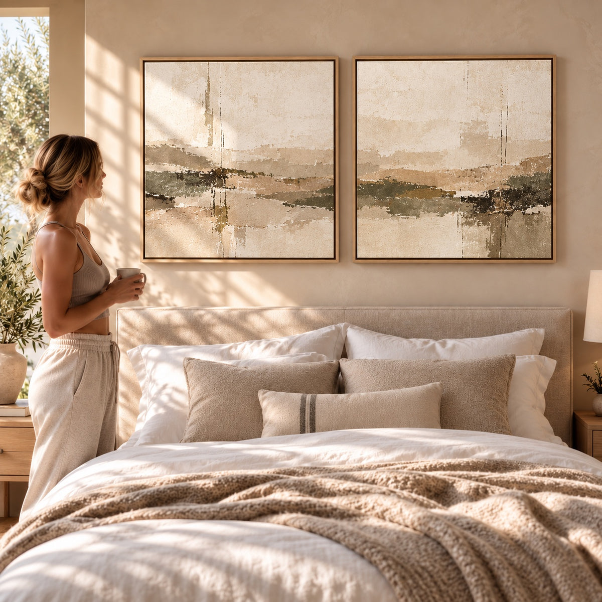 Soft Horizon I & II neutral abstract canvas pair in light oak floating tray frames