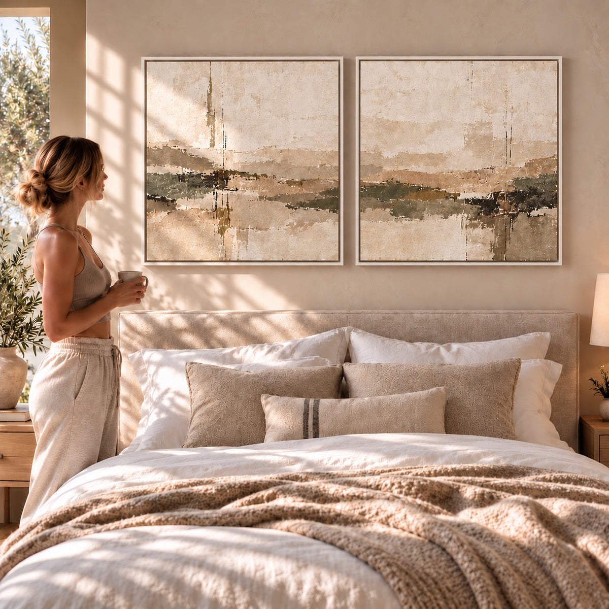 Soft Horizon I & II neutral abstract canvas pair in white floating tray frames