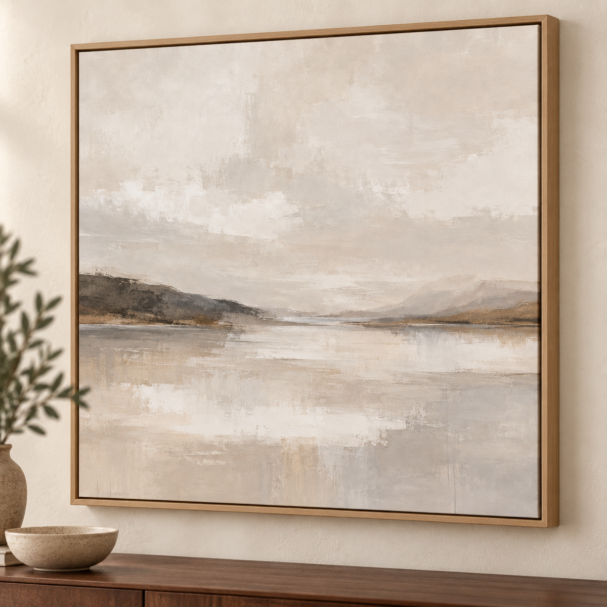 Stillwater neutral landscape framed canvas by CNVS Art Studio