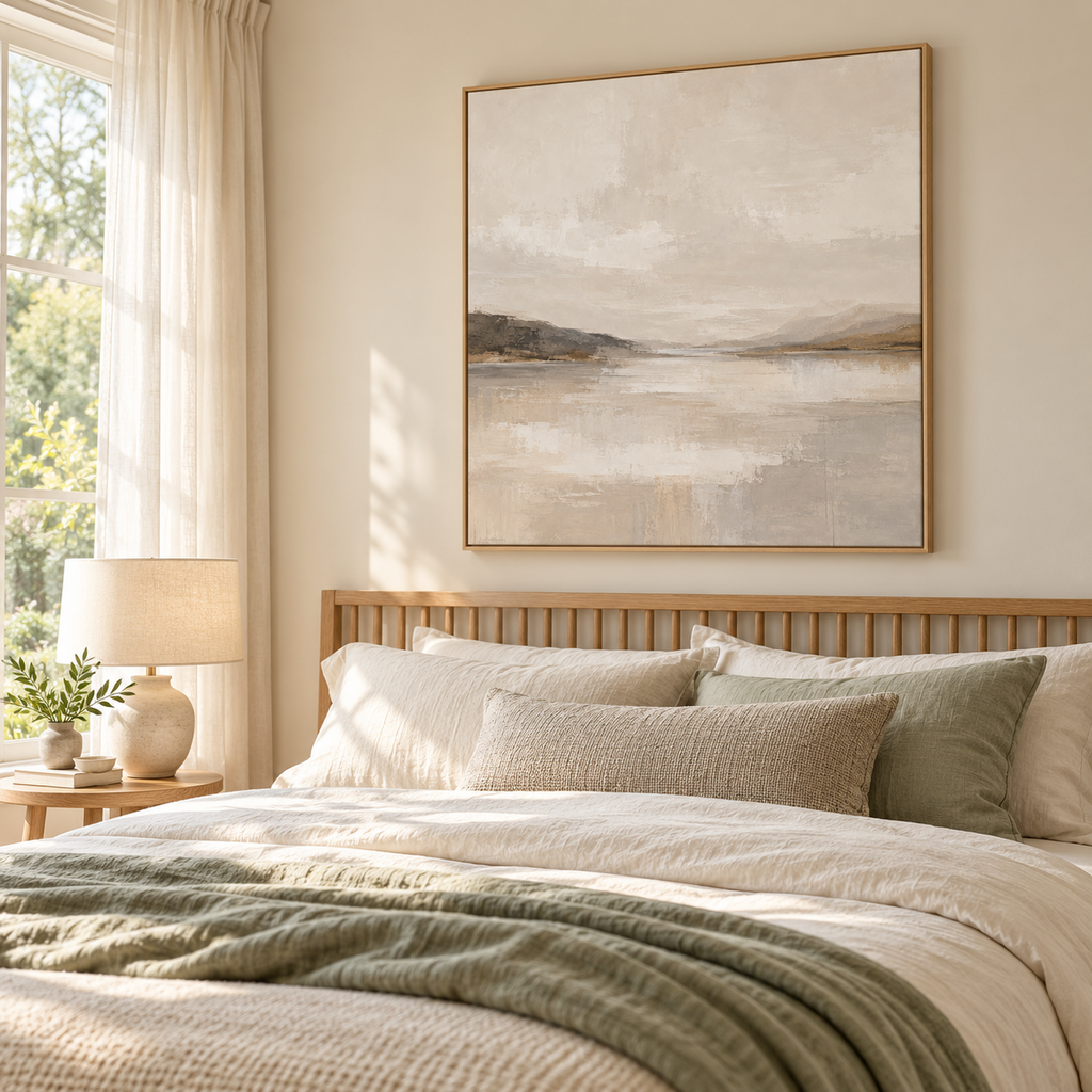Stillwater neutral landscape framed canvas by CNVS Art Studio