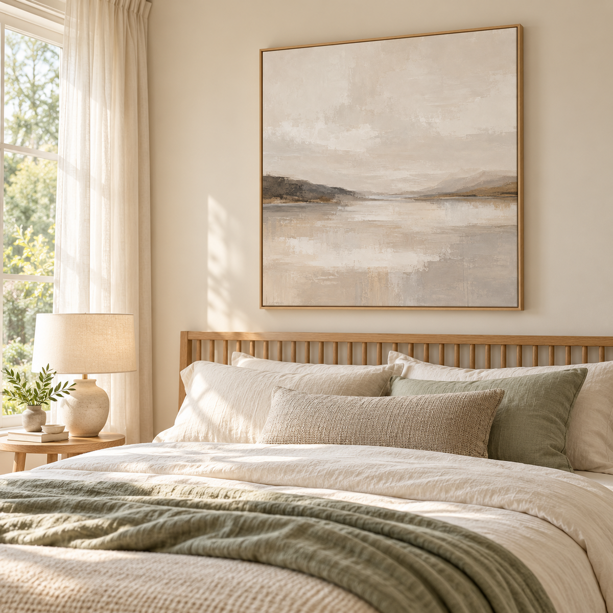 Stillwater neutral landscape framed canvas by CNVS Art Studio