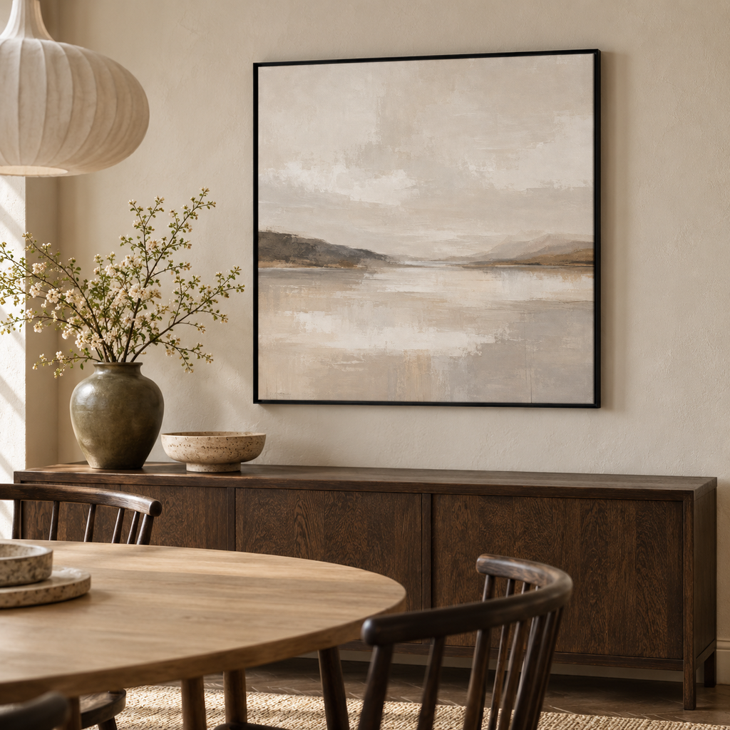 Stillwater neutral landscape framed canvas by CNVS Art Studio